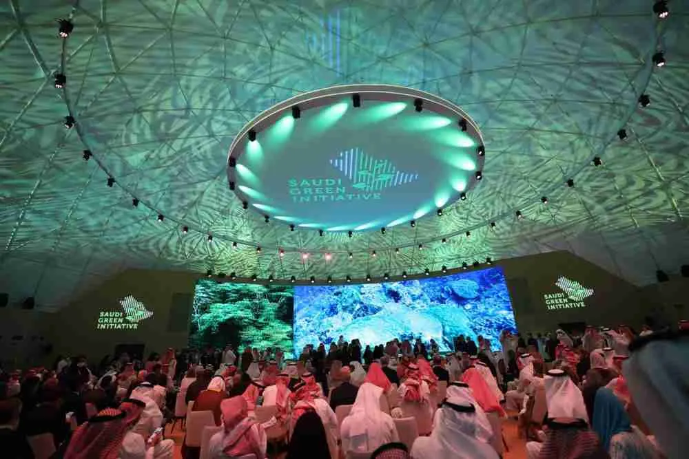 الحاضرون في منتدى المبادرة السعودية الخضراء في الرياض يوم 23 أكتوبر. الصورة: فايز نور الدين، وكالة الصحافة الفرنسية، غيتي إيماجز.