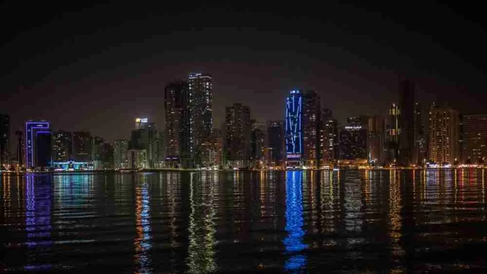 Sharjah Skyline from Al Noor Island at night مصدر الصورة: وسائل التواصل الاجتماعي